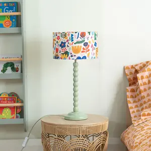 Sage Green Bobbin Stem Table Lamp with Jungle Drum Shade for Living Room Bedroom