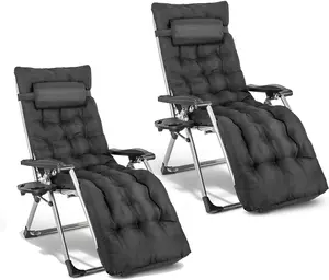 2 Deluxe Reclining Zero Gravity Chairs With Cushion & Garden Cup Holder Lounger Outdoor- Black