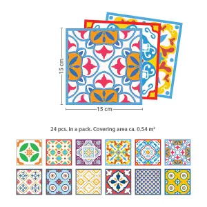 24 Pieces 15x15cm Classic Mediterranean Colourful Mixed 2 Tile Stickers