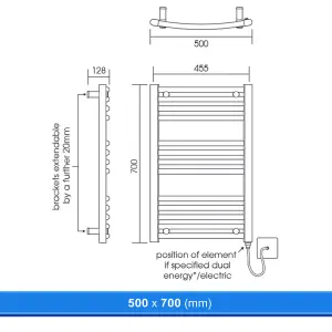 500x700mm Curved Chrome Heated Towel Warmer Ladder Rail Radiator