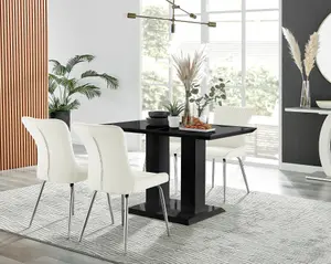 Furniturebox Imperia 4 Modern Black High Gloss Dining Table and 4 Cream Nora Silver Leg Chairs