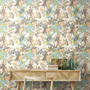 Hoopla Walls Paradise Moss & Peach Smooth Matt Wallpaper