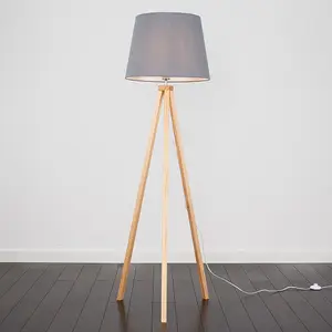 ValueLights Barbro Modern Light Wood Tripod Design Floor Lamp with Grey Tapered Shade - Includes 6w LED GLS Bulb 3000K Warm White