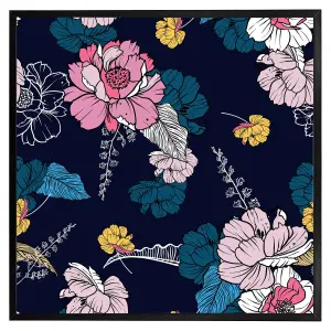 Pink flowers on navy (Picutre Frame) / 24x24" / Grey