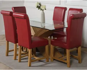 Valencia 160 cm x 90 cm Glass Dining Table and 6 Chairs Dining Set with Washington Burgundy Leather Chairs