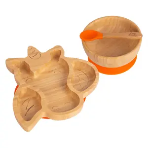 Tiny Dining - Children's Bamboo Suction Unicorn Dinner Set - Orange