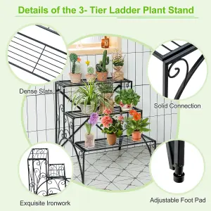 COSTWAY 3 Tiers Metal Plant Stand Indoor Outdoor Ladder Flower Rack Display Shelf