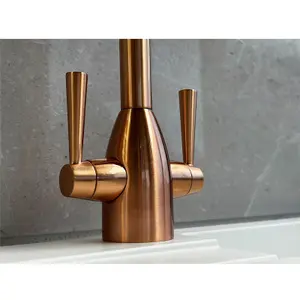 Liquida W05CP Swan Neck Swivel Spout Twin Lever Copper Kitchen Mixer Tap