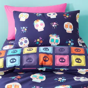 Catherine Lansfield Sugar Skull Fiesta Reversible Duvet Cover Set with Pillowcases Purple