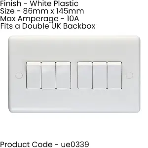 2 PACK 6 Gang Multi 10A Light Switch 2 Way - WHITE PLASTIC Wall Plate Rocker