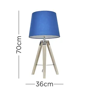 ValueLights Clipper Modern Distressed Wood and Silver Chrome Tripod Table Lamp with Navy Blue Light Shade