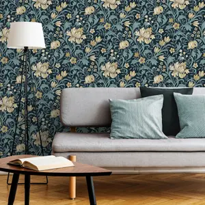 Grandeco Marian Vintage Art Nouveau Floral Trail Smooth Wallpaper, Navy