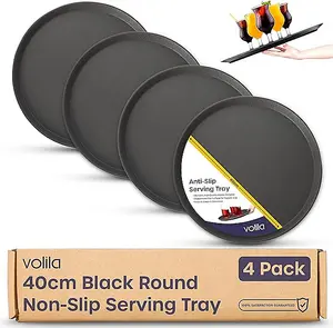 Black Round Serving Tray (40cm x 4 Pack) - Non-Slip Rubberized Trays for Food, Drinks, Parties, Bars, Gatherings & Home Use