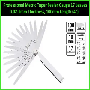 Professional Metric Taper Feeler Gauge, 17 Leaves, 0.02-1mm, 100mm (4")