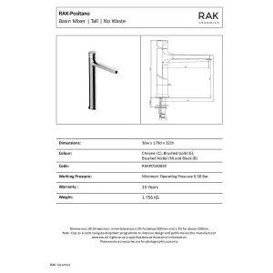 RAK Positano Tall Matt Black Modern Basin Tap Solid Brass