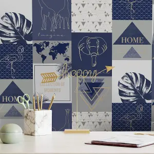 Holden Decor Adventure Navy Wallpaper Animal Print Leaf Textured Paste The Wall