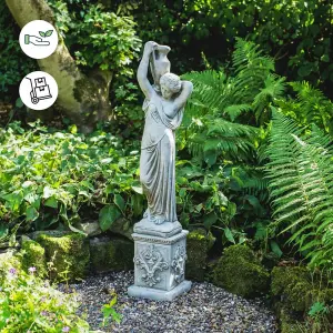 Classic Stone Cast Girl statue with an Urn and Decorative Square Plinth