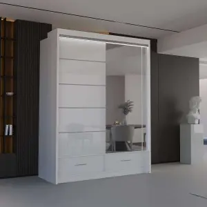 Sliding Wardrobes 4U Bradford Modern High Gloss Sliding Door Wardrobe in 3 Colors & Sizes - (White - W1500mm, H2200mm)