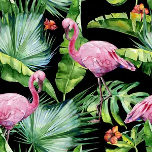 Tropical Leaves, Dense Jungle And Pink Flamingo Birds - Wrapped Canvas Print 30cm H x 30cm W x 3.8cm D