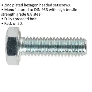 50 Pack M6 x 20mm Zinc Plated Setscrews - Grade 8.8 Fully Threaded DIN 933