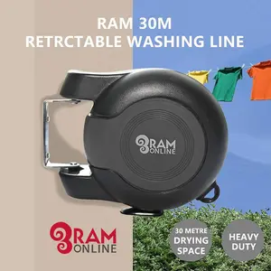 Ram 30 metre Retractable Reel Clothes Lines, Black