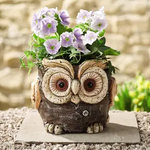 Owl Shaped Planter - Wood Effect Waterproof Resin Novelty Flower Plant Pot with 13cm Inner Diameter - H18cm x 22cm Diameter