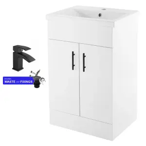 600mm Bathroom Vanity Unit White Cloakroom Two Door Basin Sink Cabinet with Black Handles & Matt Black Tap Set