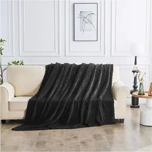 Large Sherpa Fleece Blanket  Fluffy Throw For Sofas, Bed, Armchair Jacquard Pattern King Size Throw Thermal Black