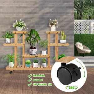 Costway 4-Tier Flower Plant Stand Wooden Flower Rack Display Shelf w/ Wheels & 8 Shelves