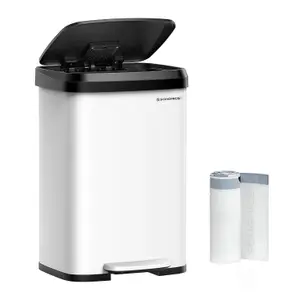 SONGMICS Waste Management Pedal Bin, Tall Kitchen Trash Can, Metal Rubbish Container with Lid, Large, White and Black