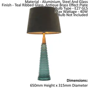 Table Lamp - Teal Ribbed Glass, Antique Brass Effect & Mocha Velvet - 40W E27