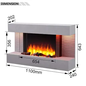 FLAMME Kingston Wall Mounted Fireplace up to 60" with 3 Flame Colours and 13 Mood Lighting Options (43" CEMENT GREY)