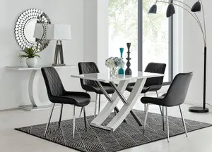 Furniturebox UK Mayfair 4 White High Gloss And Stainless Steel Dining Table And 4 Black Pesaro Silver Leg Chairs