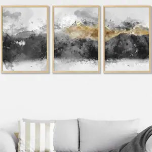 Set of 3 Abstract Grey and Yellow Mountains Wall Art Prints / 50x70cm / Oak Frame