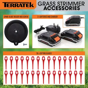 Terratek 20V Electric Cordless Grass Strimmer Garden Trimmer 2 Batteries & 30 Blades Included