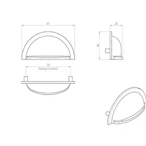 Cabinet Cup Pull Handle 91 x 45mm 76mm Fixing Centres Satin Copper