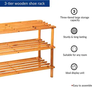 New Wooden Shoe Rack Footwear Storage Organiser Unit Shelf Tier Slated New Walnut Effect, 3 Tier