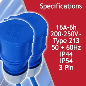 SPARES2GO 16A Extension Lead 14m 240V 2.5mm Heavy Duty Blue Power Cable + 2 x 16 Amp Splitter Kit