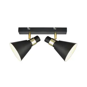 Luminosa Industrial And Retro Wall Lamp Black Matt, Gold 2 Light  with Black Matt, White Shade, E14