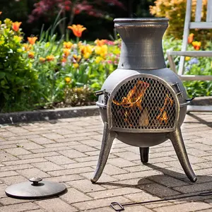 El Clasico Chimenea - Weatherproof Metal Outdoor Garden Patio Log Wood Burner Fire Pit Bowl with Mesh Door - H69 x 38cm Diameter