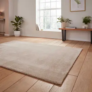 Beige Plain Shaggy Modern Rug Easy to clean Dining Room-60cm X 115cm