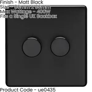 2 Gang Rotary Dimmer Switch 2 Way LED SCREWLESS MATT BLACK Light Dimming Wall