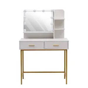 White Dressing Table Gold Legs Female Vanity Desk with LED Lights, Make Up Desk