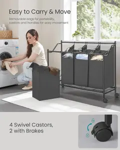 SONGMICS Laundry Basket Trolley, Rolling Hamper with 4 Removable Bags, Laundry Sorter, Slate Grey