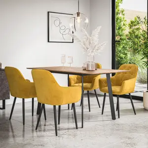 Haydon Extending Dining Table And Chairs -  Oak Effect Table Top w Black Legs + Anika Velvet Dining Chair Set Of 4 (Mustard)