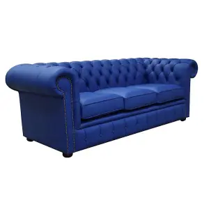 Chesterfield 3 Seater Blue Leather Sofa Custom Made In Classic Style