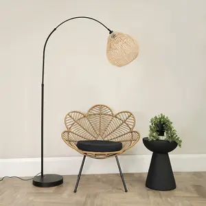 ValueLights Louis Black Arched Curved Floor Lamp with Rattan Teardrop Lamp Shade and LED Bulb