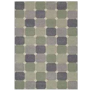 Modern Easy to Clean Chequered Geometric Green Rug for Dining Room-80cm X 150cm