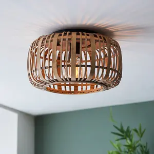 Luminosa Mathias Decorative Flush Ceiling Lamp, Natural Bamboo, Plywood, Matt Black Paint