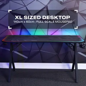 X-Rocker Lumio XL 140 x 60cm RGB Gaming Desk, Gaming Table with Headphone Hook and Cup Holder Office Desk with FREE Mousemat